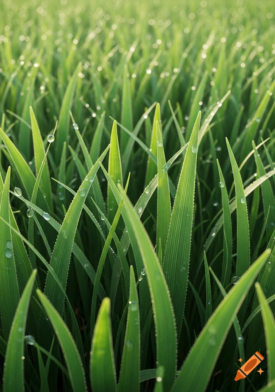 Close-up of vibrant green grass blades covered in dewdrops, with a soft bokeh background, photorealistic style.