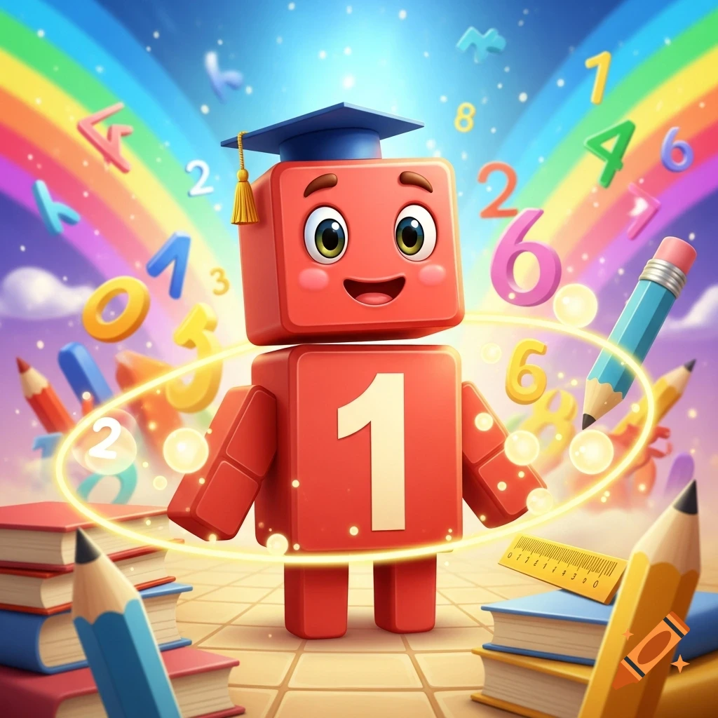 A red block-like Numberblock One character wearing a graduation cap, surrounded by floating numbers, pencils, books, and a rainbow background.