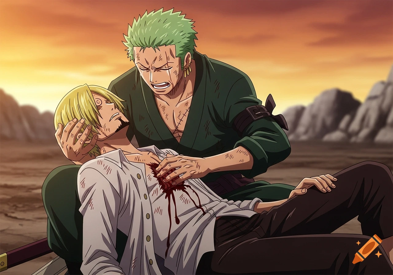 Anime characters Zoro crying while holding a severely wounded Sanji in a rocky landscape under an orange sky.