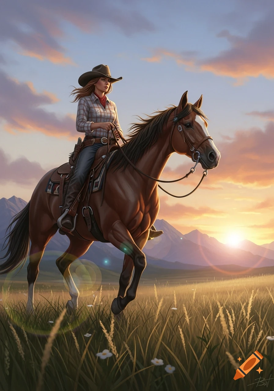 A cowgirl in a hat and plaid shirt rides a galloping horse through a grassy field at sunset, with mountains in the background.