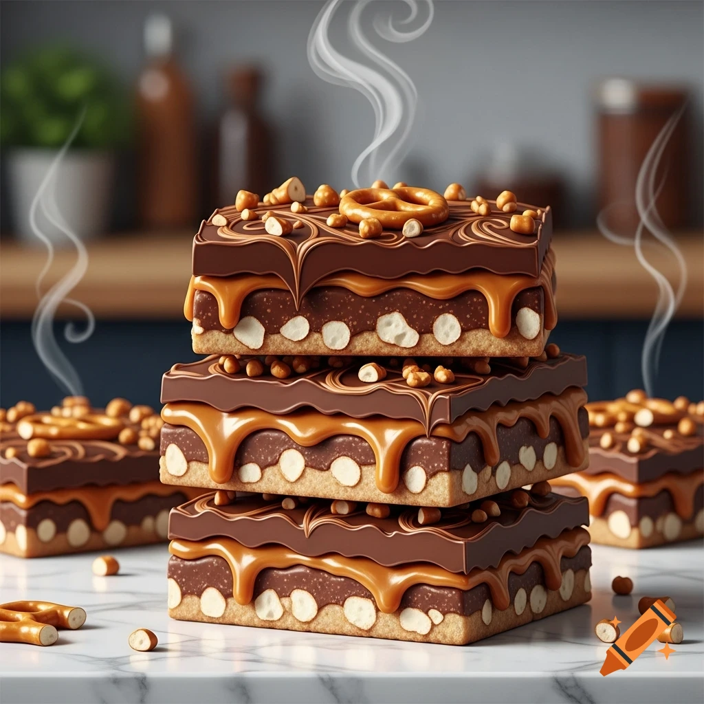 A stack of three chocolate caramel pretzel bars topped with nuts and pretzels, emitting steam, on a marble surface.