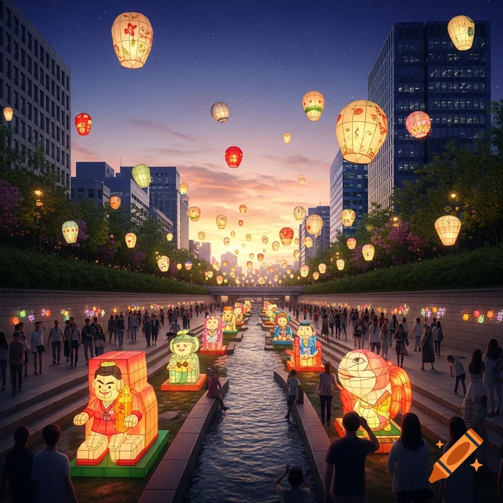 A crowd enjoys a lantern festival along a city stream at dusk, with large glowing character lanterns in the water and many smaller lanterns floating in the sky above buildings.