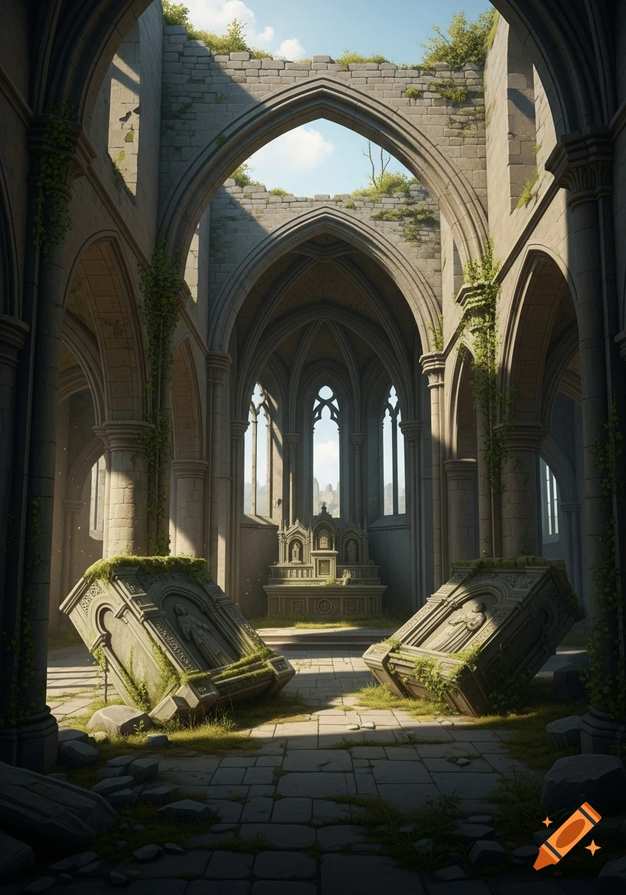 Photorealistic interior of a ruined Gothic chapel, featuring sunlight, overgrown vines, and two fallen ornate stone blocks.