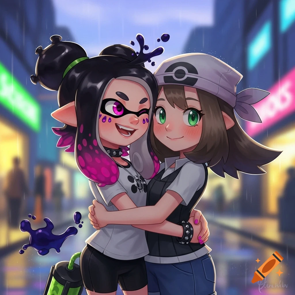 Anime-style fan art of Callie from Splatoon and May from Pok emon embracing on a rainy city street.