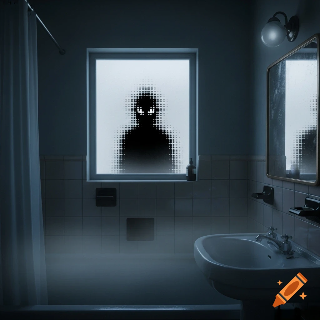 A dimly lit bathroom with a frosted window where a pixelated, shadowy figure with glowing eyes stares through.