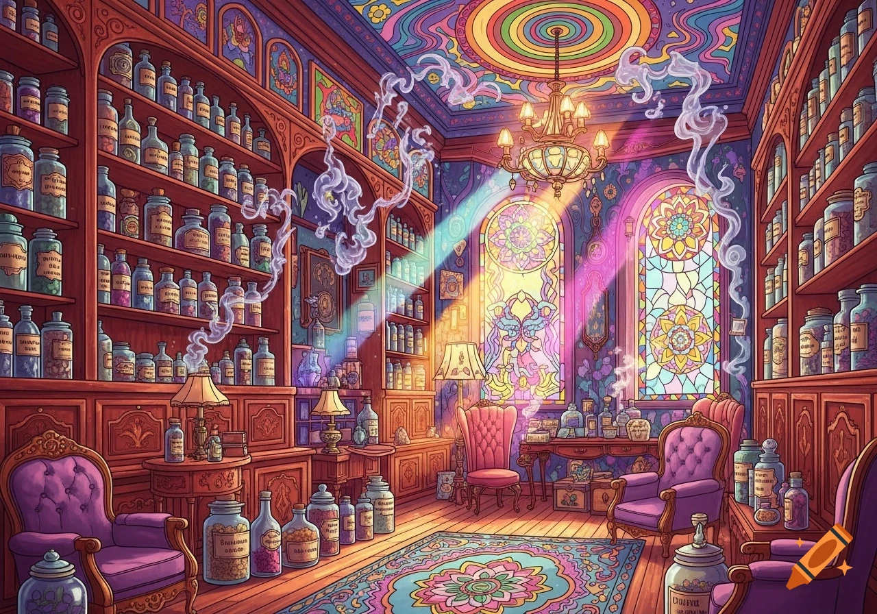 A vibrant, psychedelic art style depiction of a vintage apothecary shop with shelves of bottled herbs, ornate furniture, and colorful stained-glass windows.