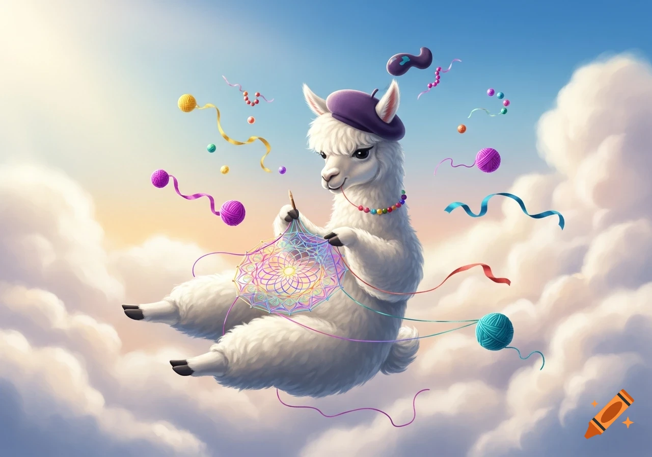 A charming white alpaca in a purple beret knits a colorful mandala, floating in a cloud-filled blue sky with yarn and ribbons.