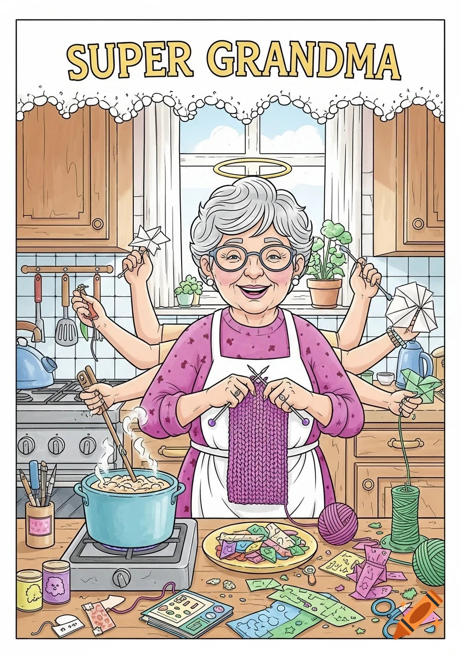 Cartoon coloring book of a multi-armed 'SUPER GRANDMA' knitting, cooking, and crafting in a busy kitchen.