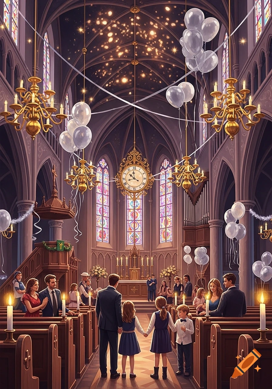A family with two children holding hands stands in the aisle of a beautifully decorated church with balloons and chandeliers during a celebration.