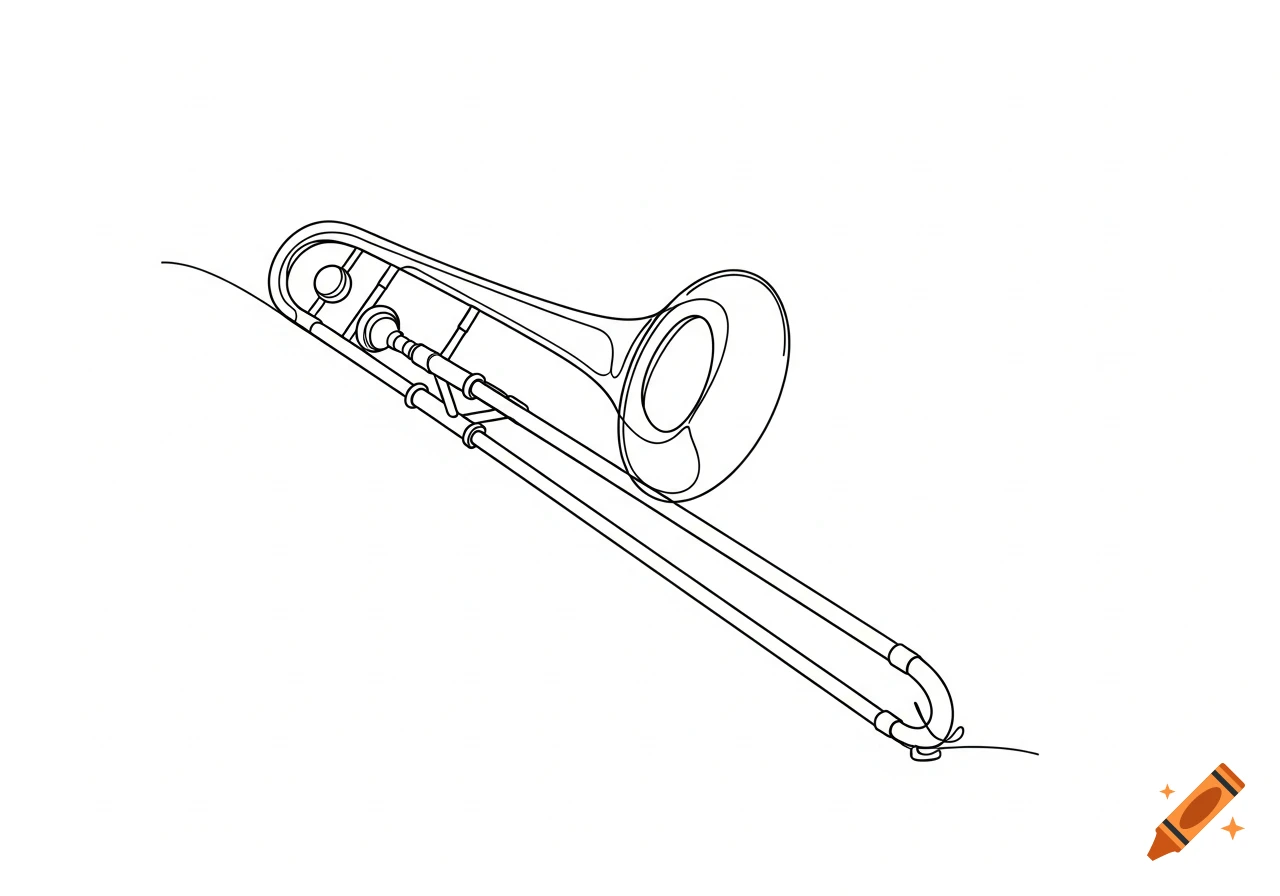 A continuous line drawing of a trombone.