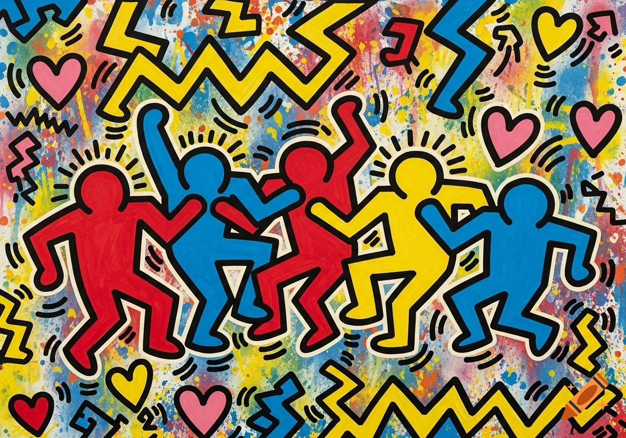 Vibrant Keith Haring style artwork with red, blue, and yellow dancing stick figures, pink hearts, and zigzags on a colorful splatter background.