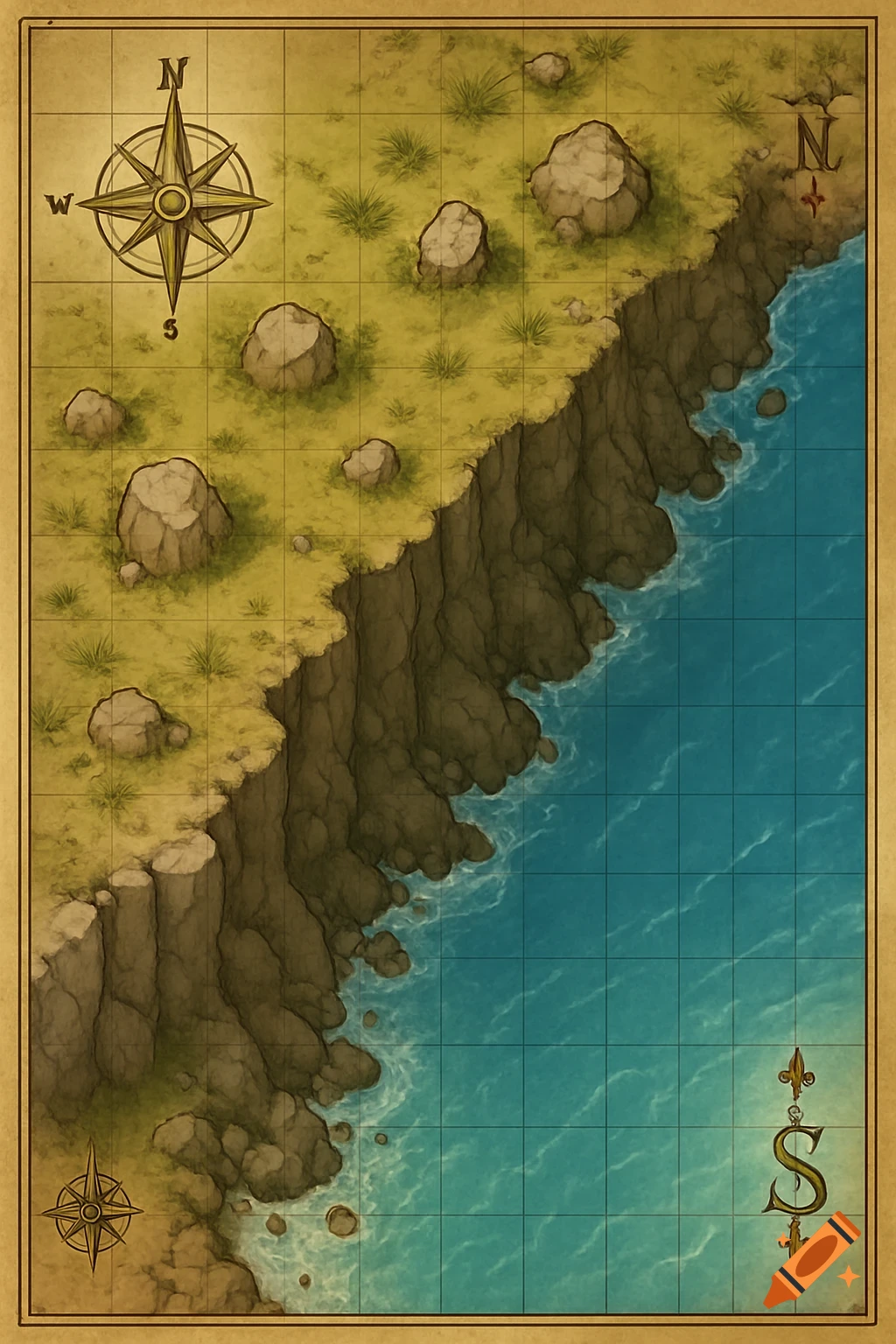 Top-down fantasy map of a rocky cliff coastline with green land, blue water, and compass roses on a grid.
