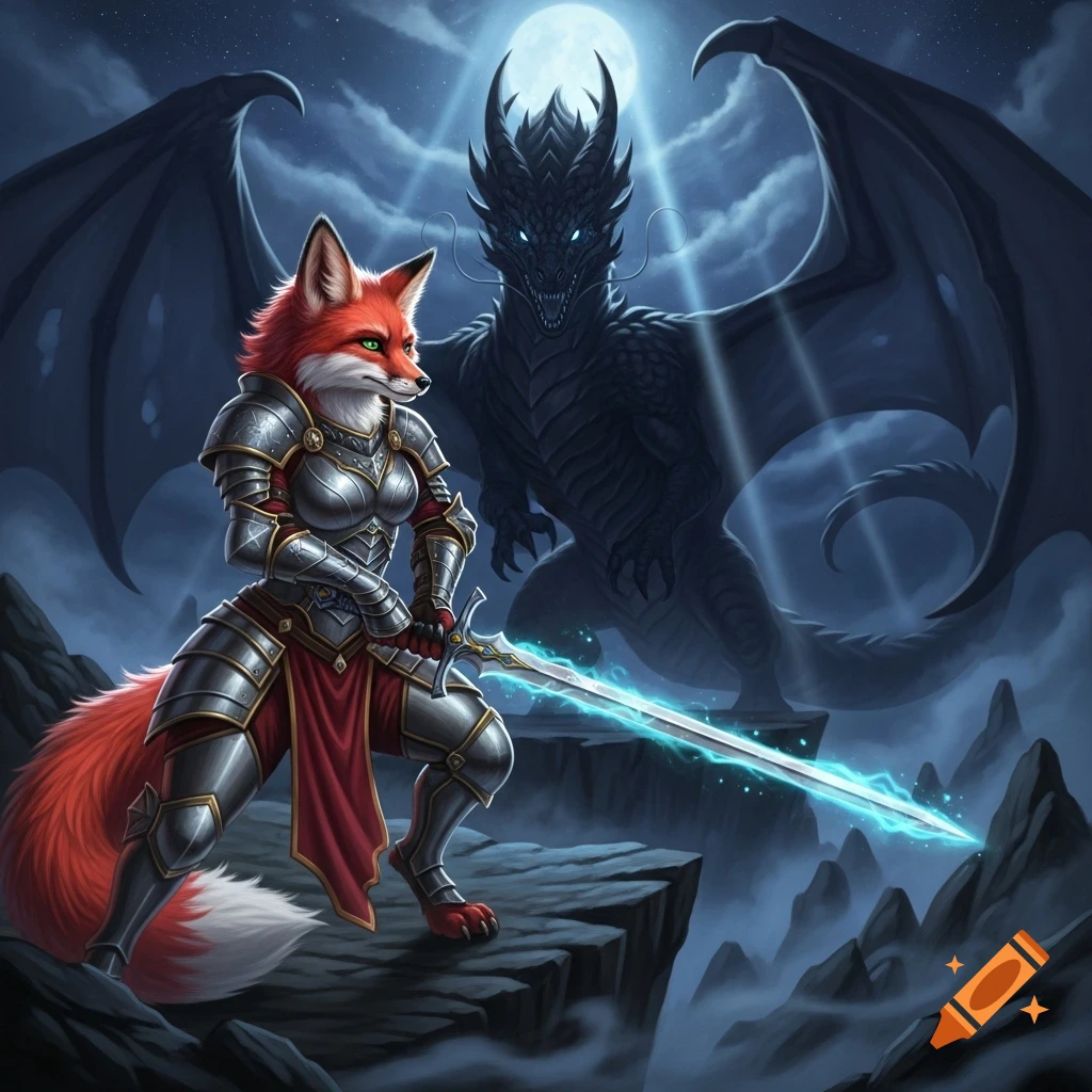 A red fox knight in shining armor with a glowing sword stands on a cliff against a shadowy dragon under a full moon.