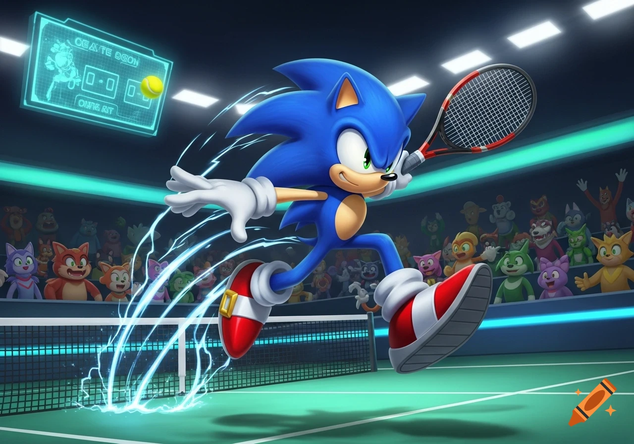 Sonic the Hedgehog jumps on a tennis court, swinging a racket at a ball with a vibrant, cartoonish style.
