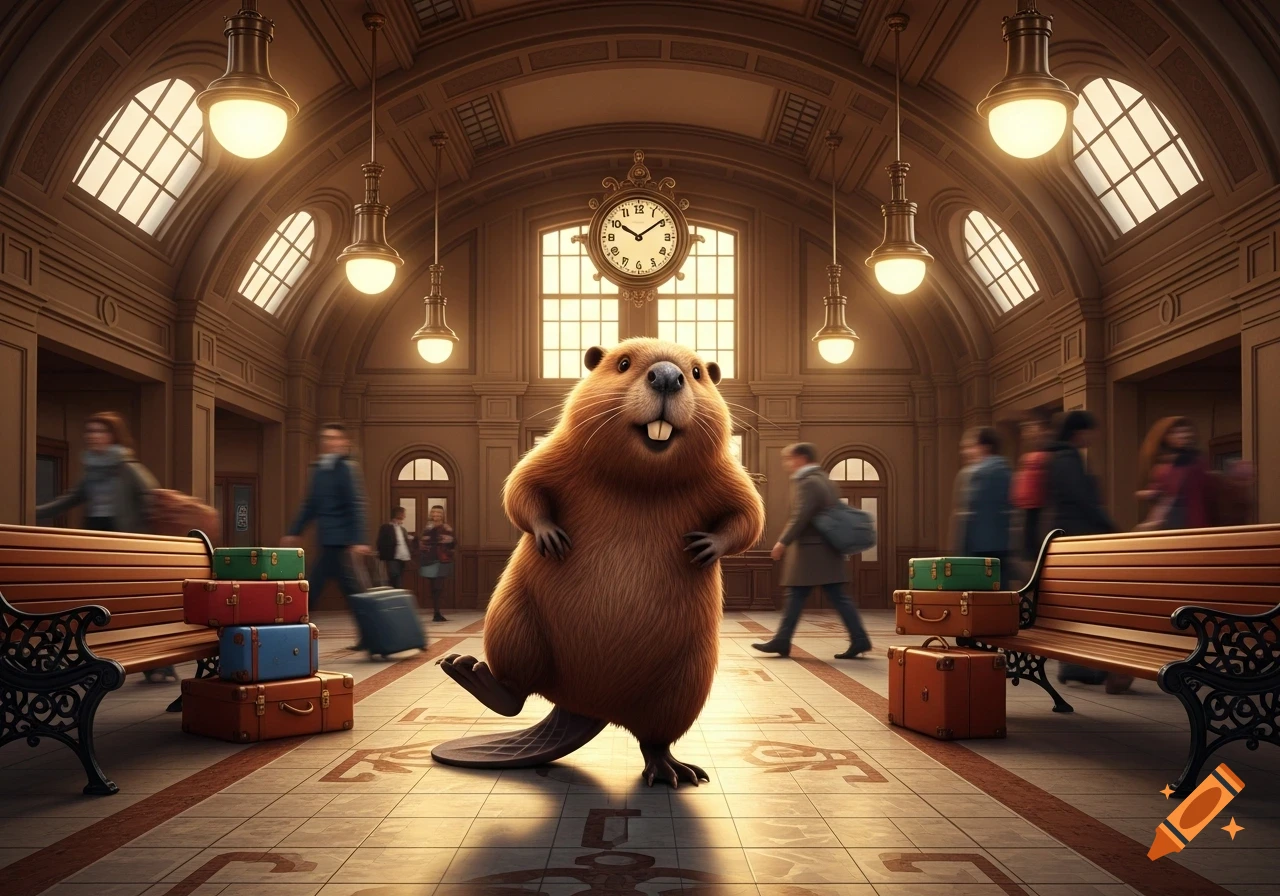 A cartoon beaver stands in a grand, ornate train station, tapping its foot with arms akimbo, amid blurred passengers and luggage.