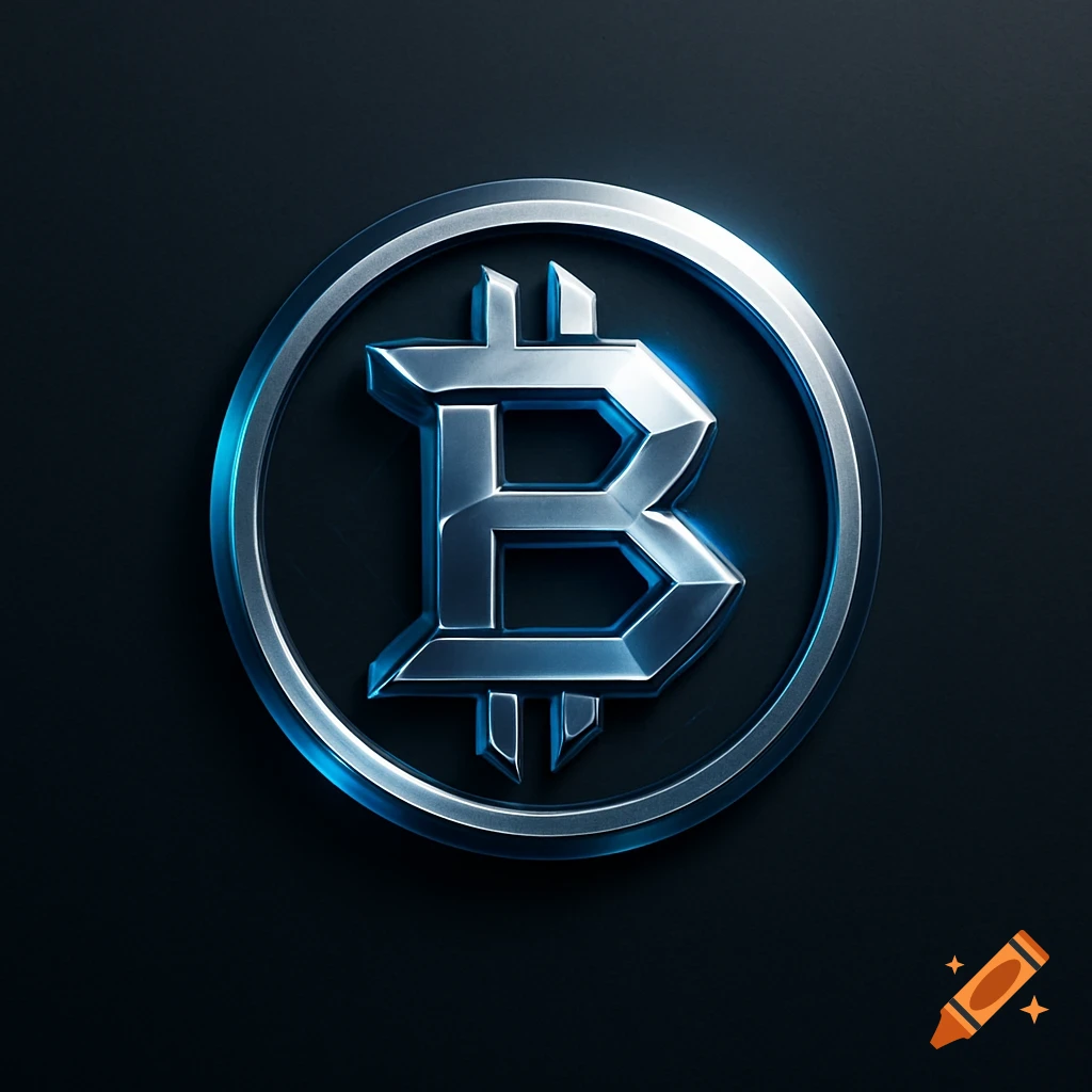Shiny, metallic Bitcoin logo with blue highlights on a dark, textured background.