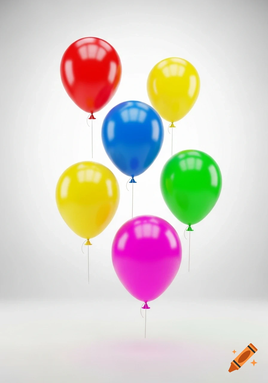 Six colorful glossy balloons, including red, yellow, blue, green, and pink, float against a plain white background.