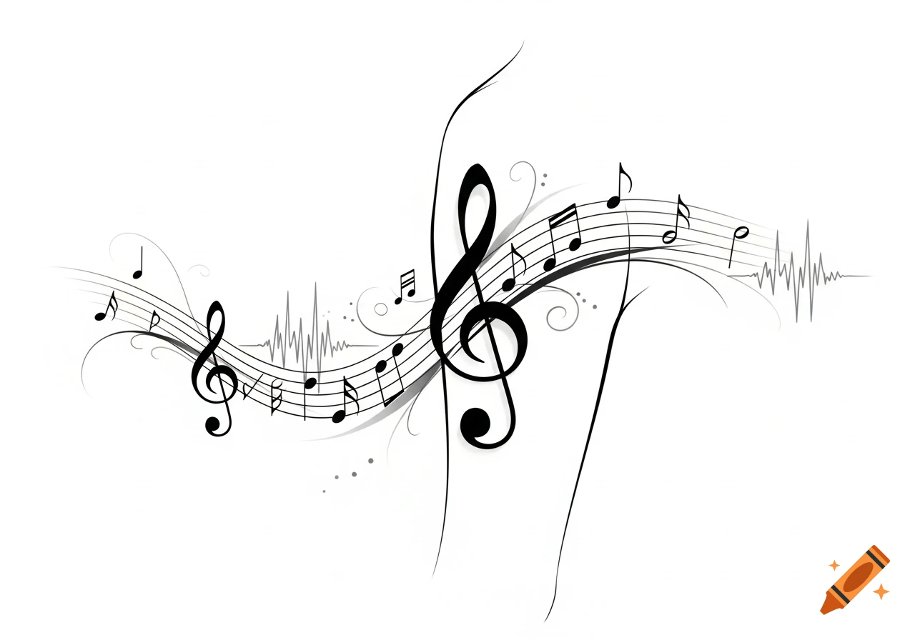 Black musical notes, treble clef, and sound waves form a graceful design on a white background.