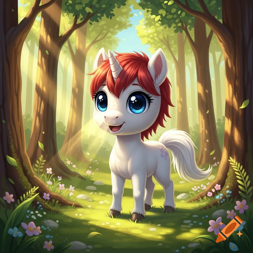 A cute, red-haired unicorn with big blue eyes and a white tail smiles in a sunlit fantasy forest filled with trees and flowers.