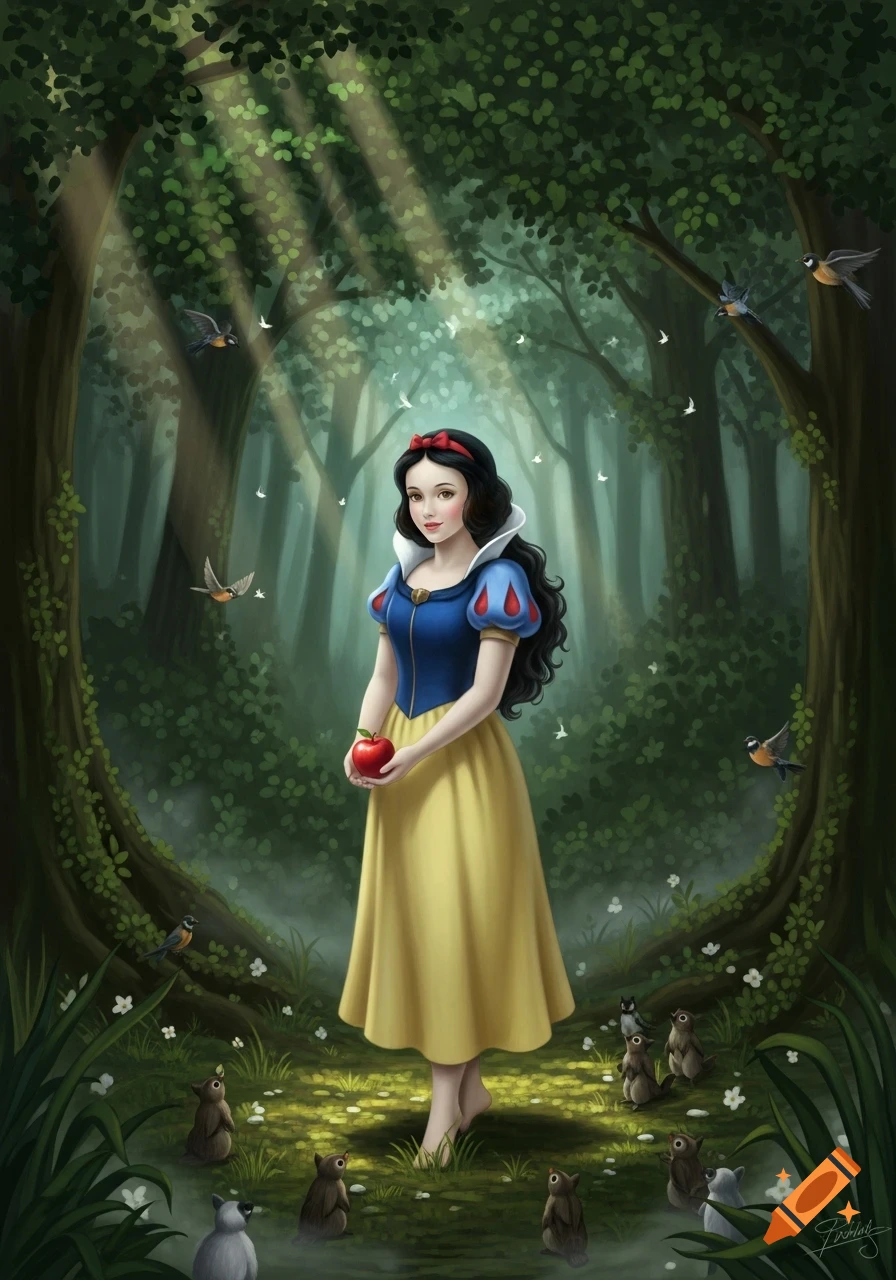 Digital art of Snow White holding a red apple in an enchanted forest, surrounded by small animals and birds. Sunlight beams through the trees.