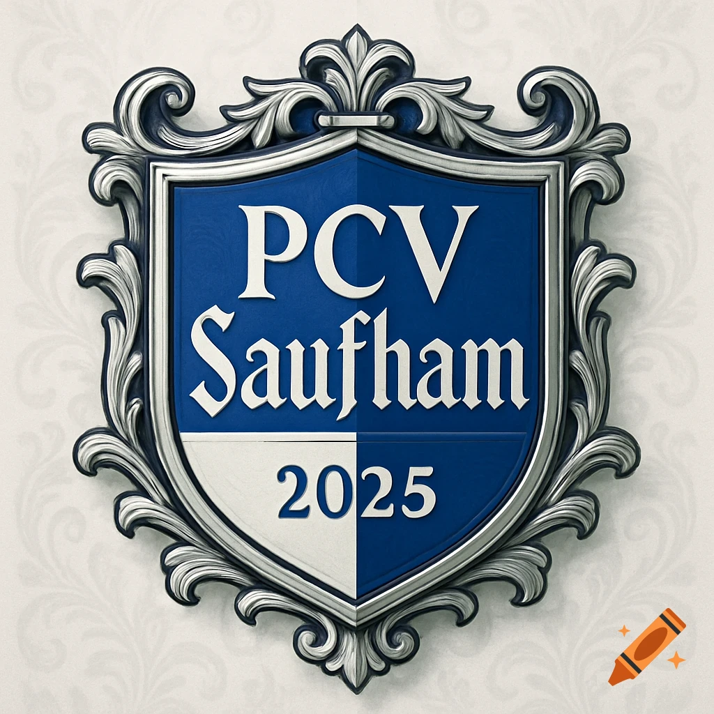 Blue and white crest with ornate silver borders featuring the text PCV Saufham 2025.