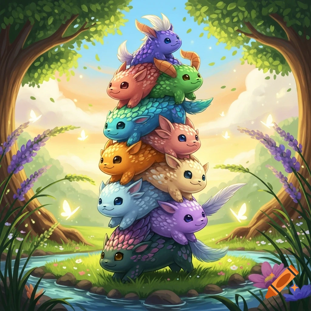 A tall stack of colorful, cute, cartoonish fantasy creatures in a lush forest clearing with a stream, trees, flowers, and butterflies.