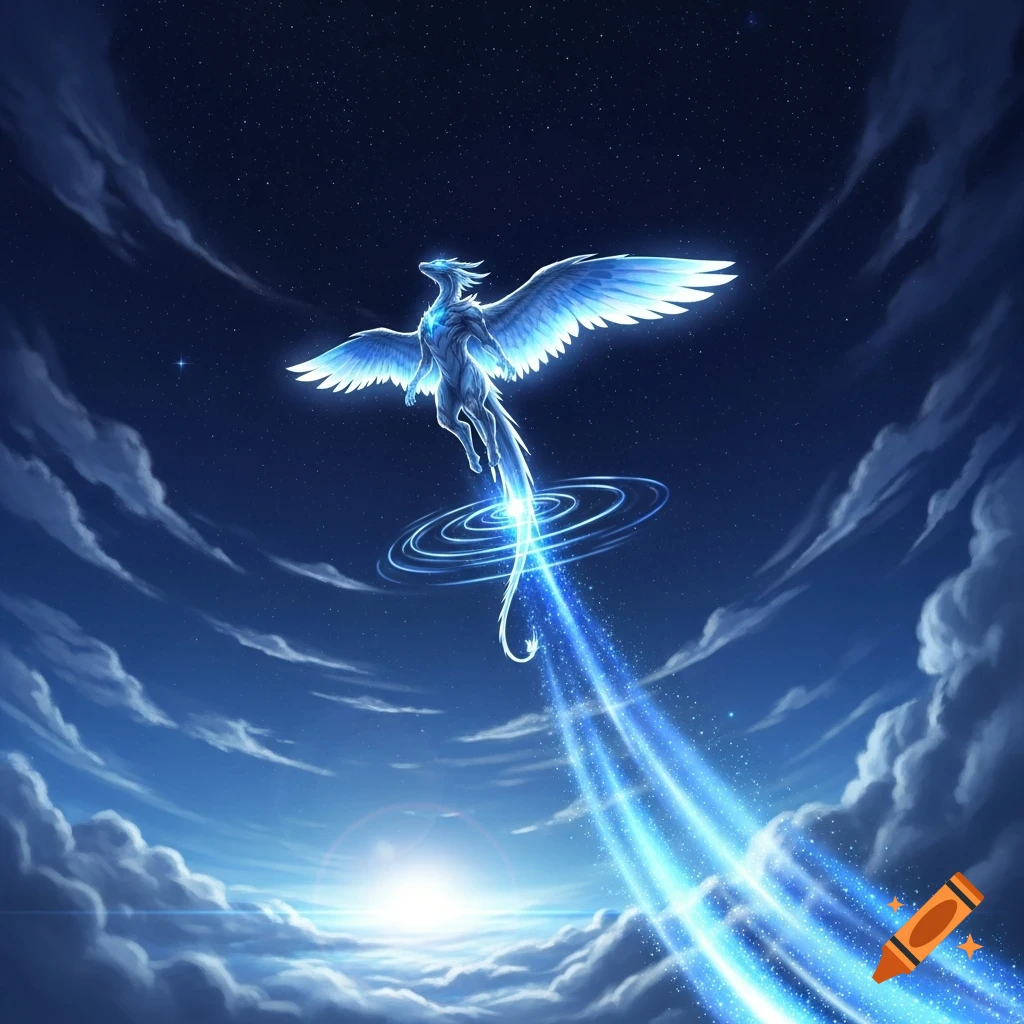 A glowing white dragon-like creature with large feathered wings flies through a dark blue, starry sky above clouds and a rising sun, leaving a shimmering trail.