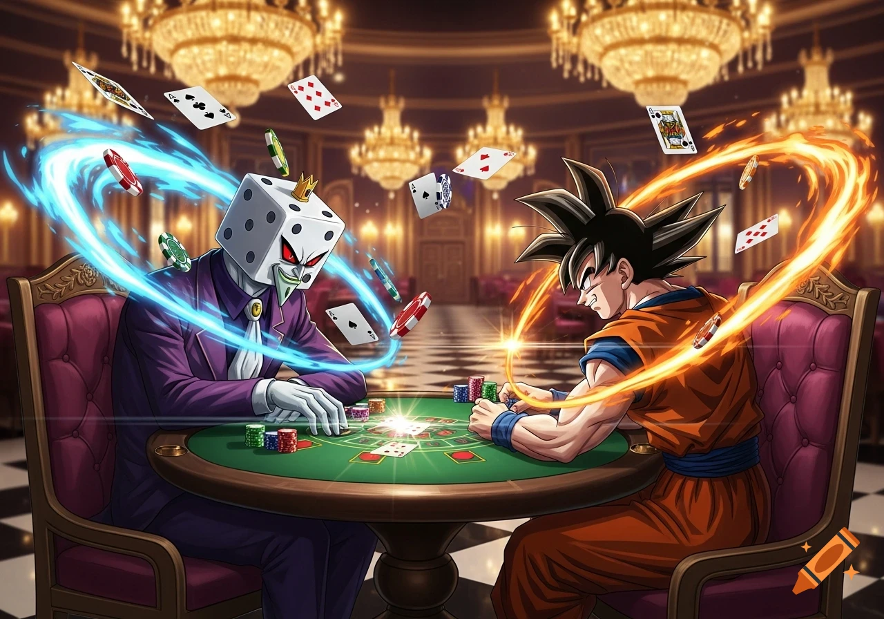 King Dice and Goku intensely play poker in a lavish casino, surrounded by floating cards and their glowing auras.