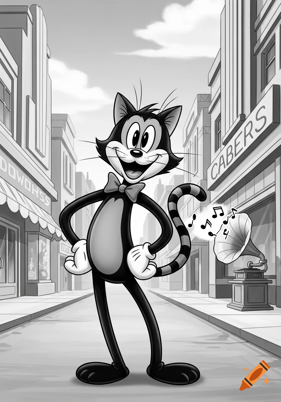 A smiling anthropomorphic black cat in a bowtie stands on a street with ...