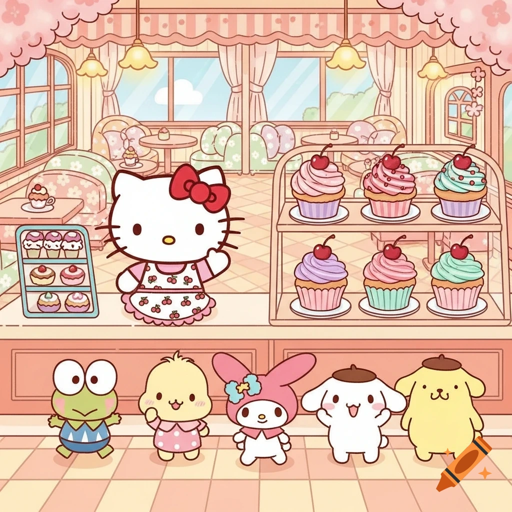 Hello Kitty in a pastel cafe, selling cupcakes to a line of Sanrio characters including Keroppi, My Melody, Cinnamoroll, and Pompompurin.