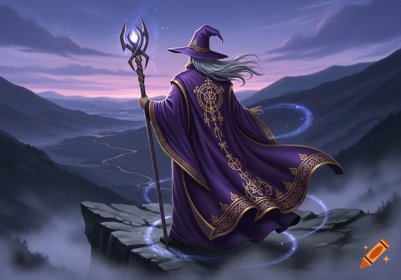 A purple-robed wizard with a glowing staff stands on a cliff overlooking a misty mountain valley at twilight, digital painting.