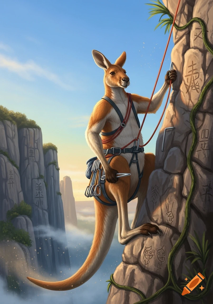 An anthropomorphic kangaroo in climbing gear ascends a rocky cliff face, with misty mountains in the background.
