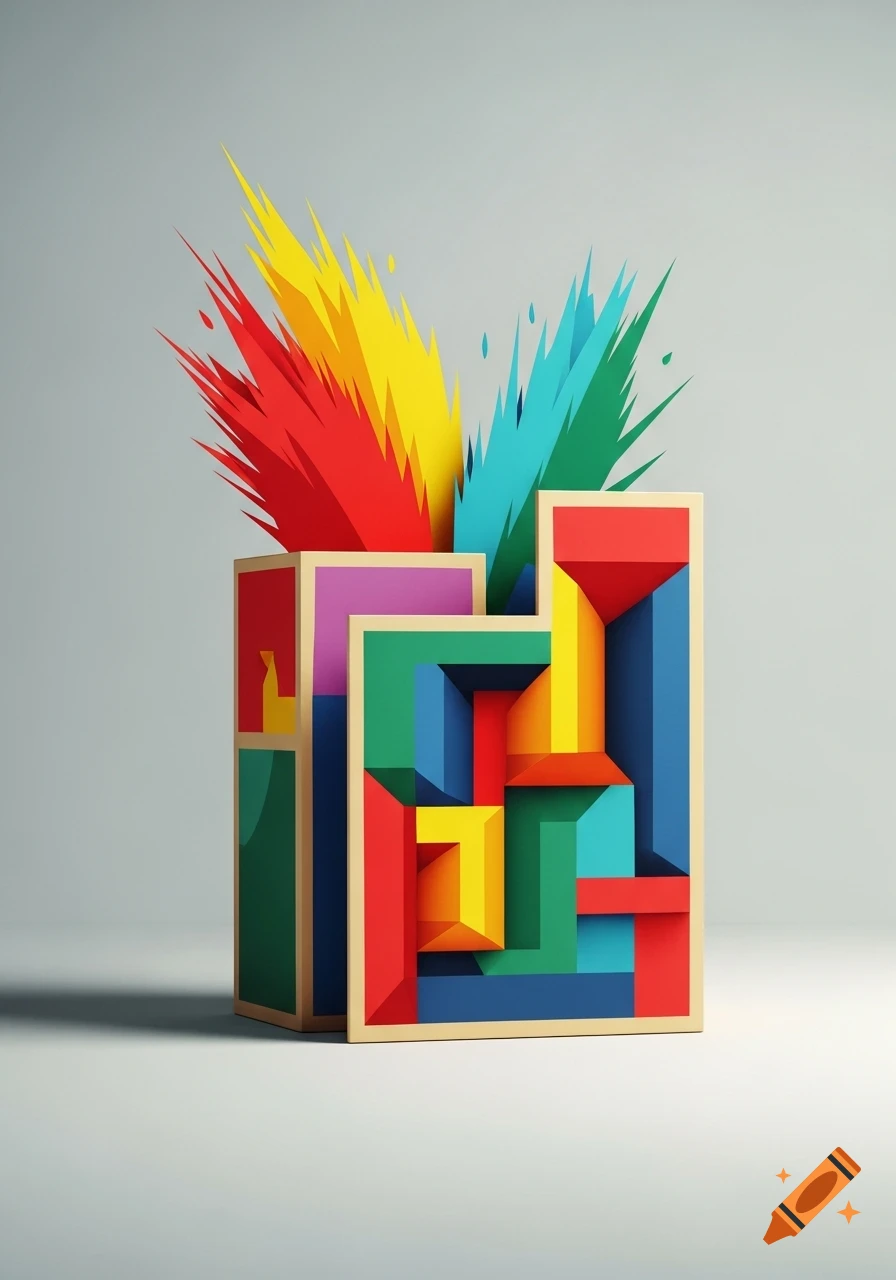 Abstract geometric composition with colorful 3D blocks and paper-cut style bursts of red, yellow, blue, and green on a white background.