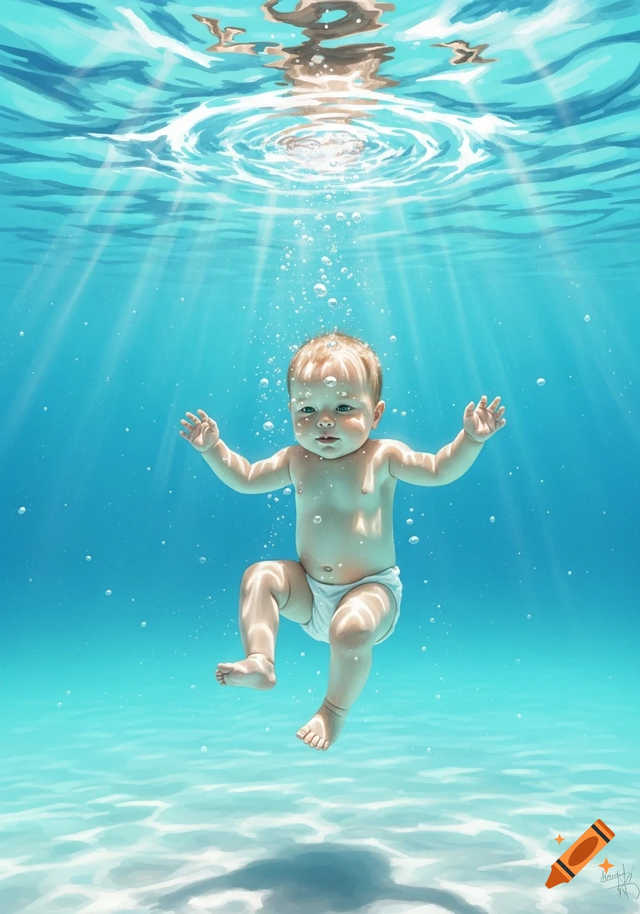 A baby in a white diaper floats in clear blue water, with light rays and bubbles, illustrated in a photorealistic style.