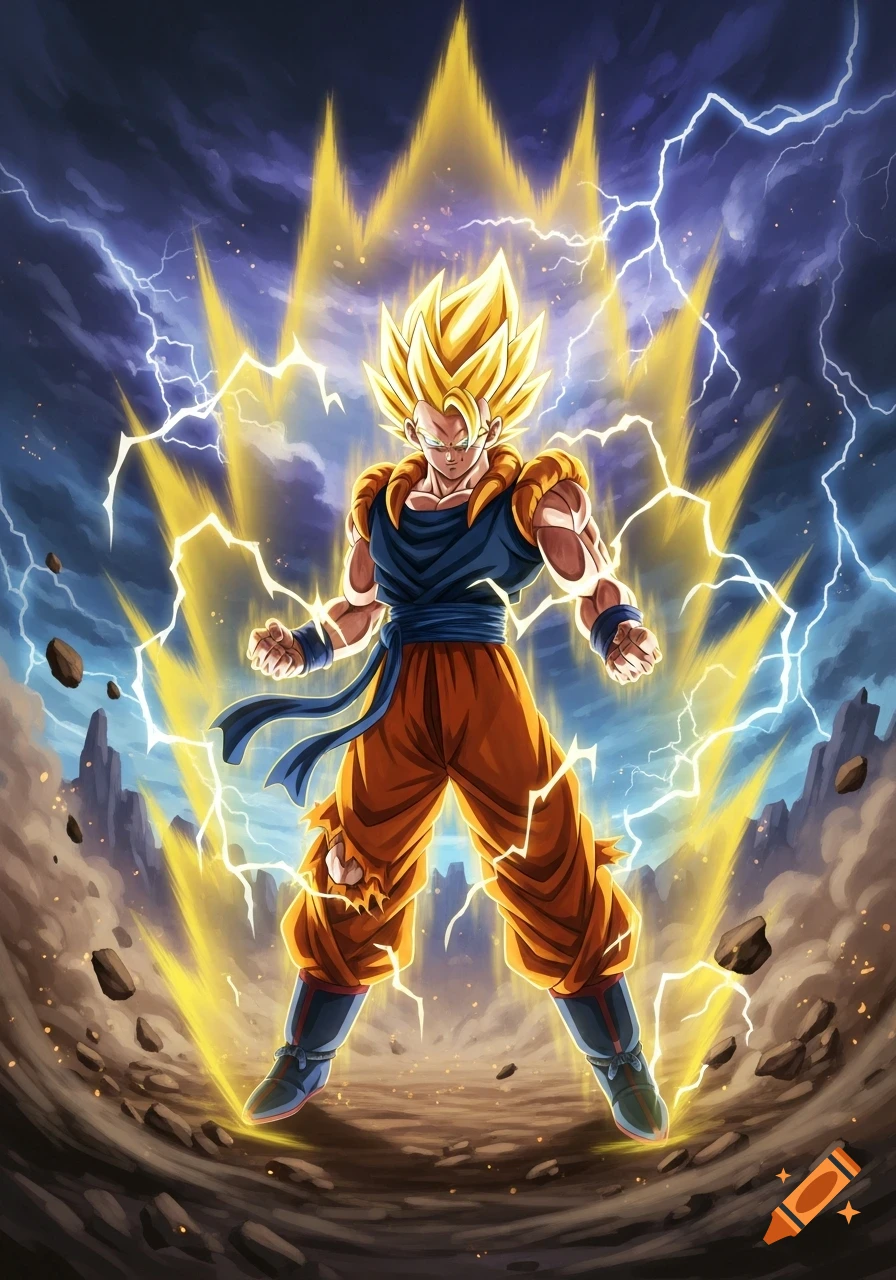 A powerful Super Saiyan character with spiky golden hair, radiating a golden aura and lightning on cracked ground.