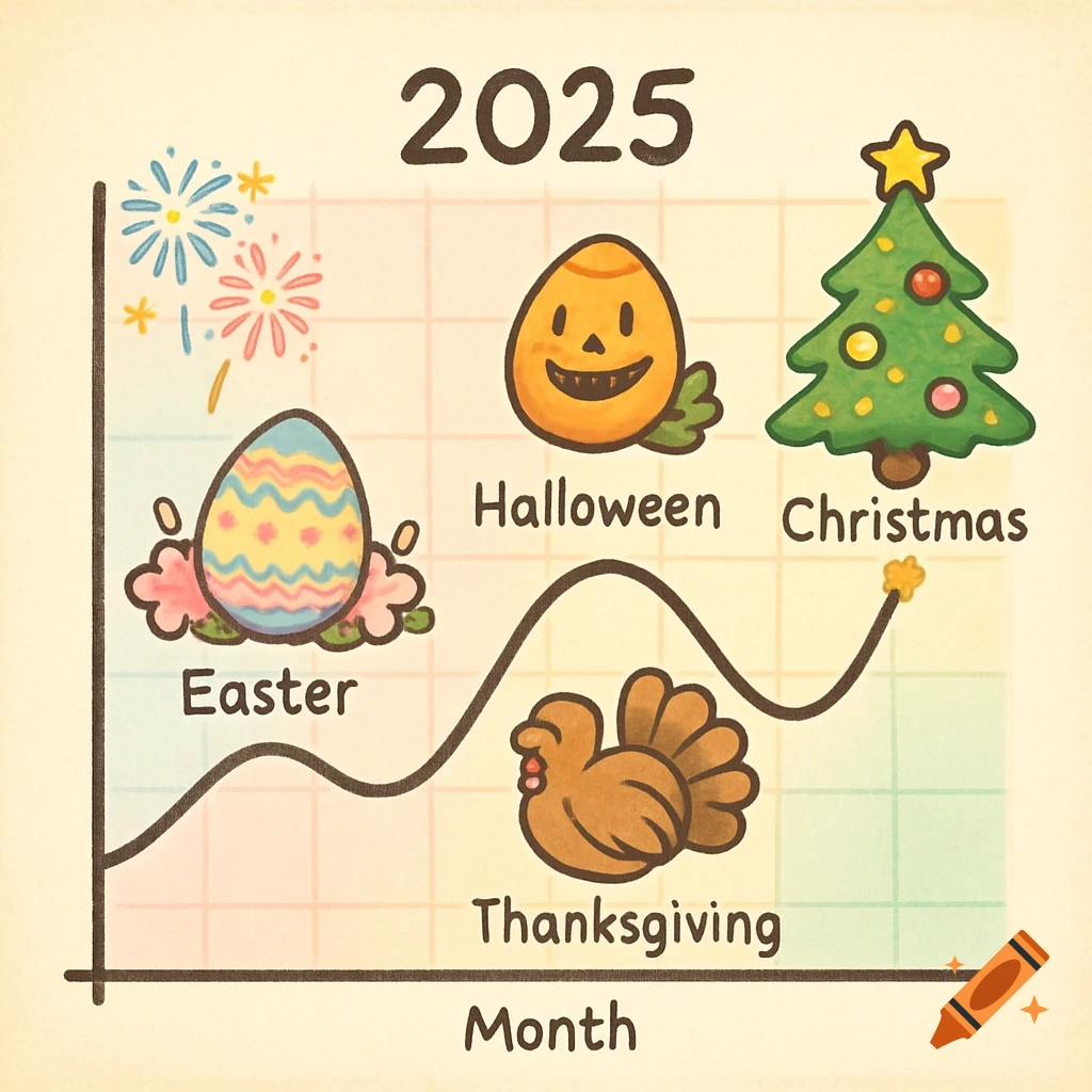 Childlike graph for 2025 showing holidays: Easter, Halloween, Thanksgiving, and Christmas, with festive icons.
