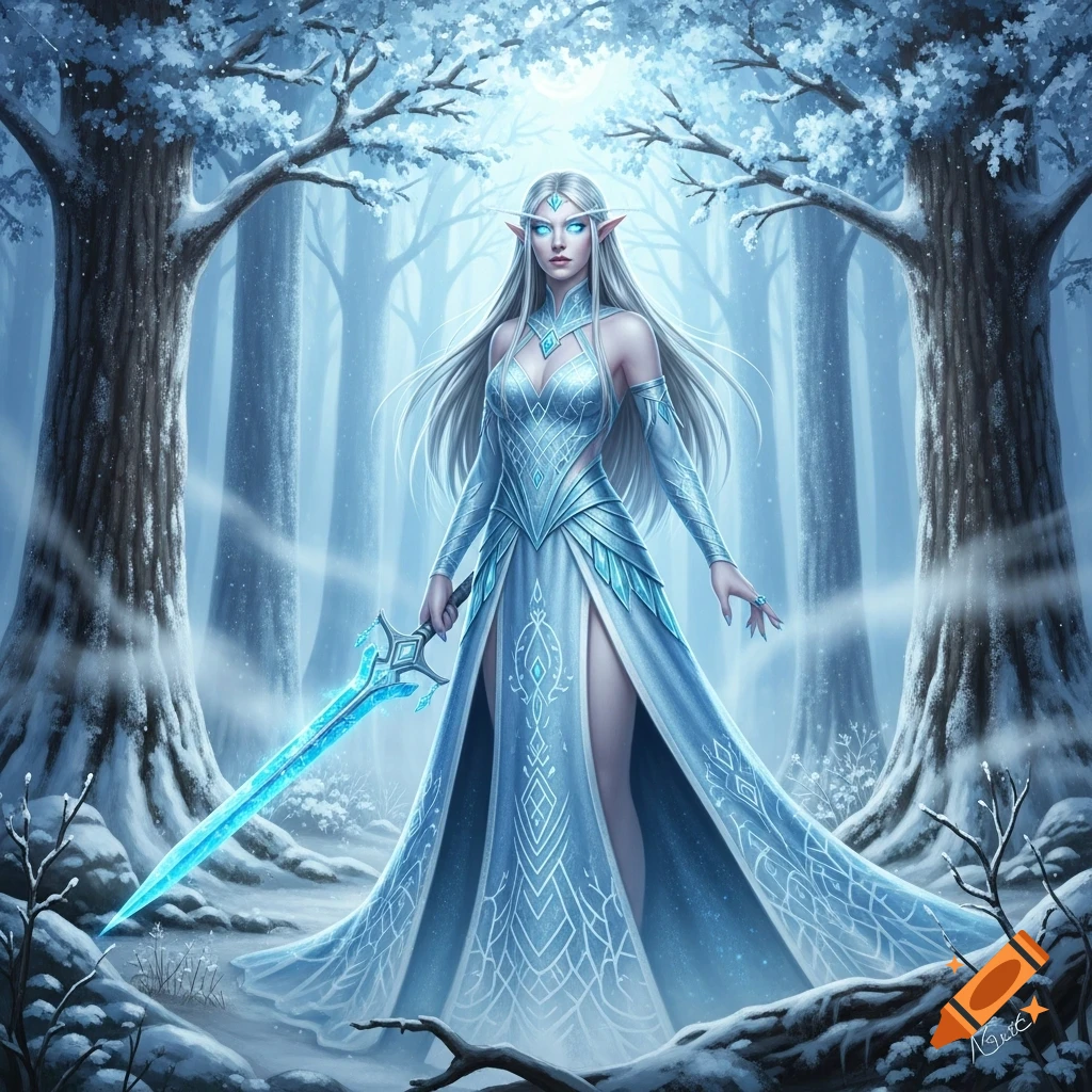 A slender ice elf with long silver hair and glowing blue eyes stands in a magical, snow-covered winter forest, holding a luminous sword.