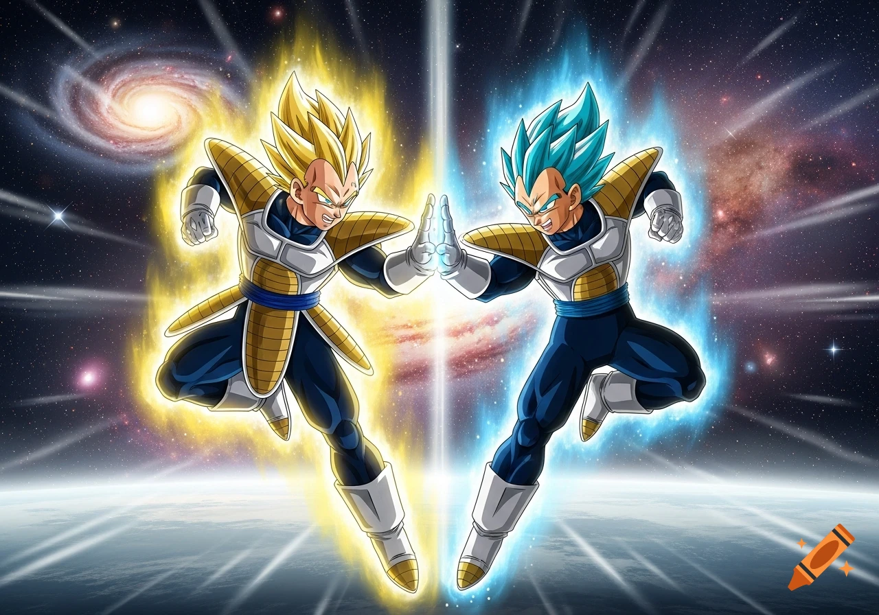 Two versions of Vegeta from Dragon Ball Z, Super Saiyan and Super Saiyan Blue, touch hands with glowing auras against a galaxy backdrop.