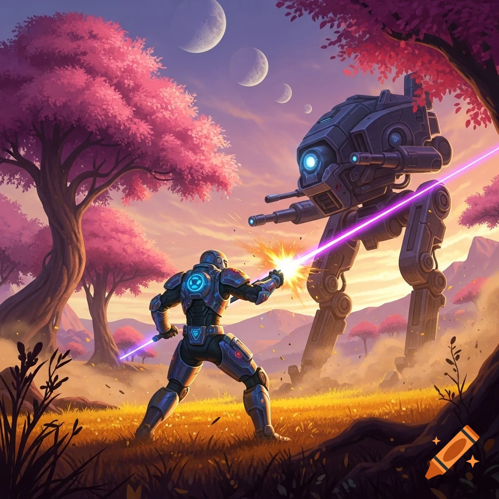 A futuristic soldier fights a large mech with energy weapons on an alien planet with pink trees, yellow grass, and multiple moons.