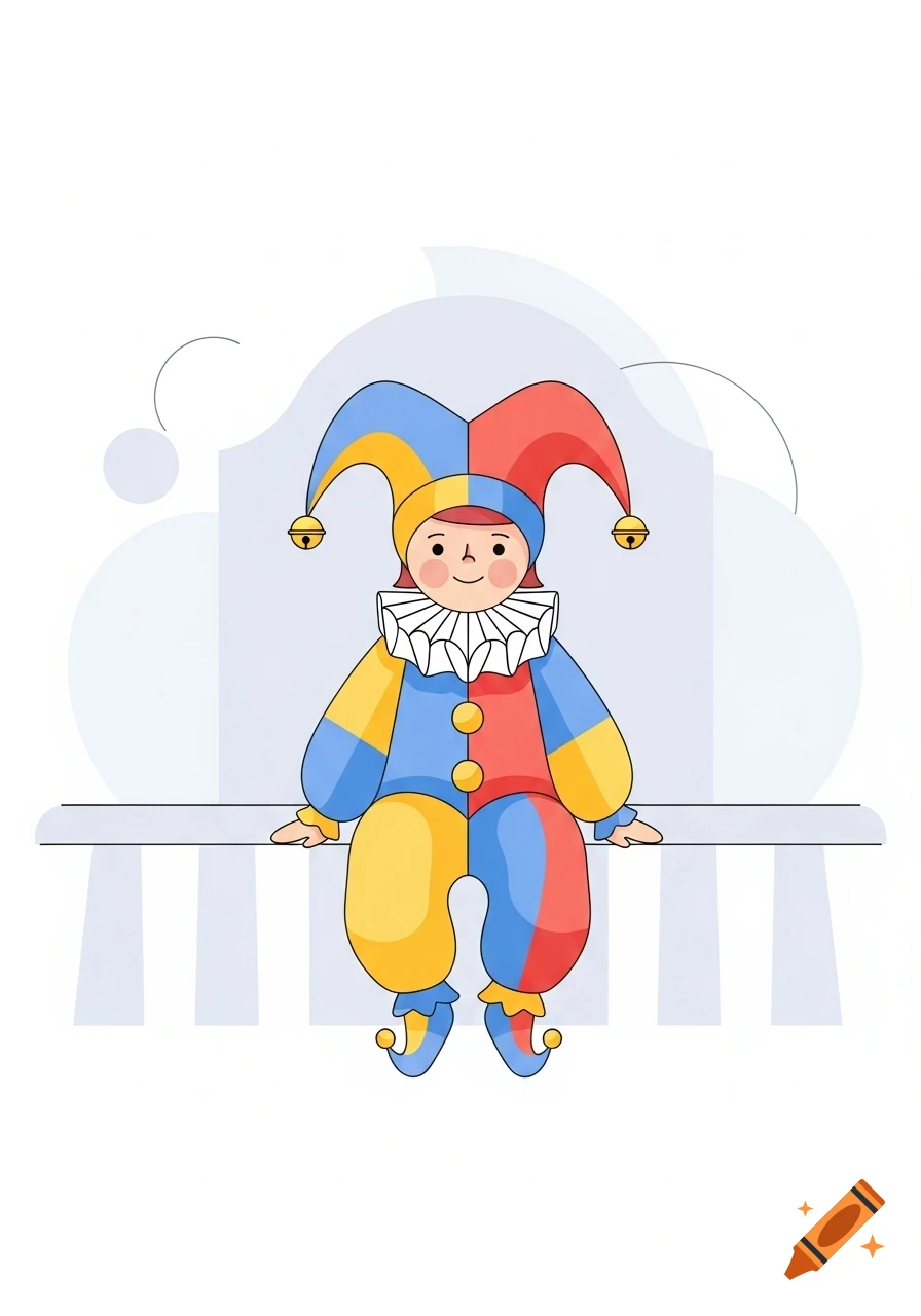An illustration of a cute jester in a red, blue, and yellow costume and hat, sitting on a white ledge.