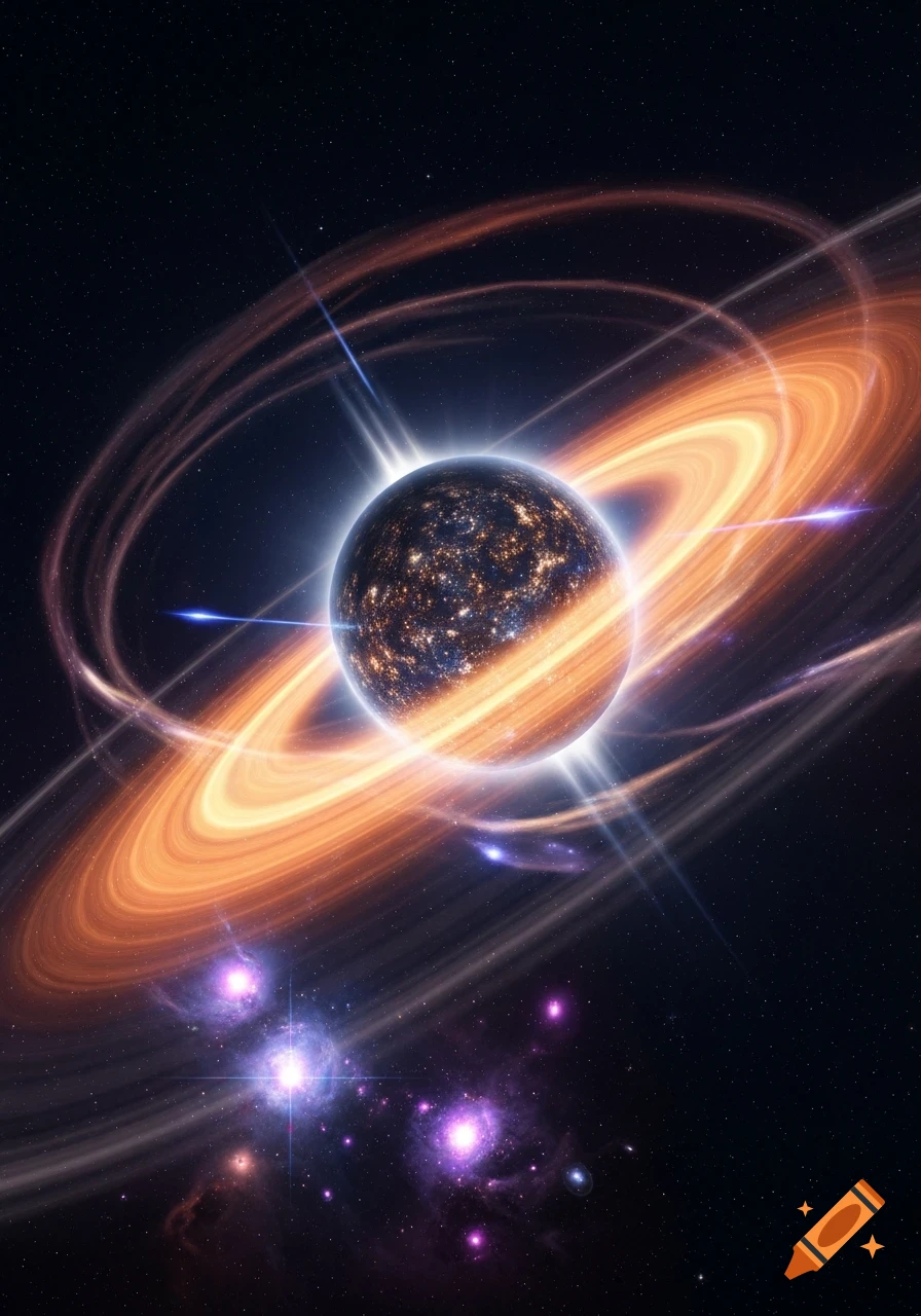 A vibrant planet with glowing orange rings and bright flares against a dark, starry cosmic background.