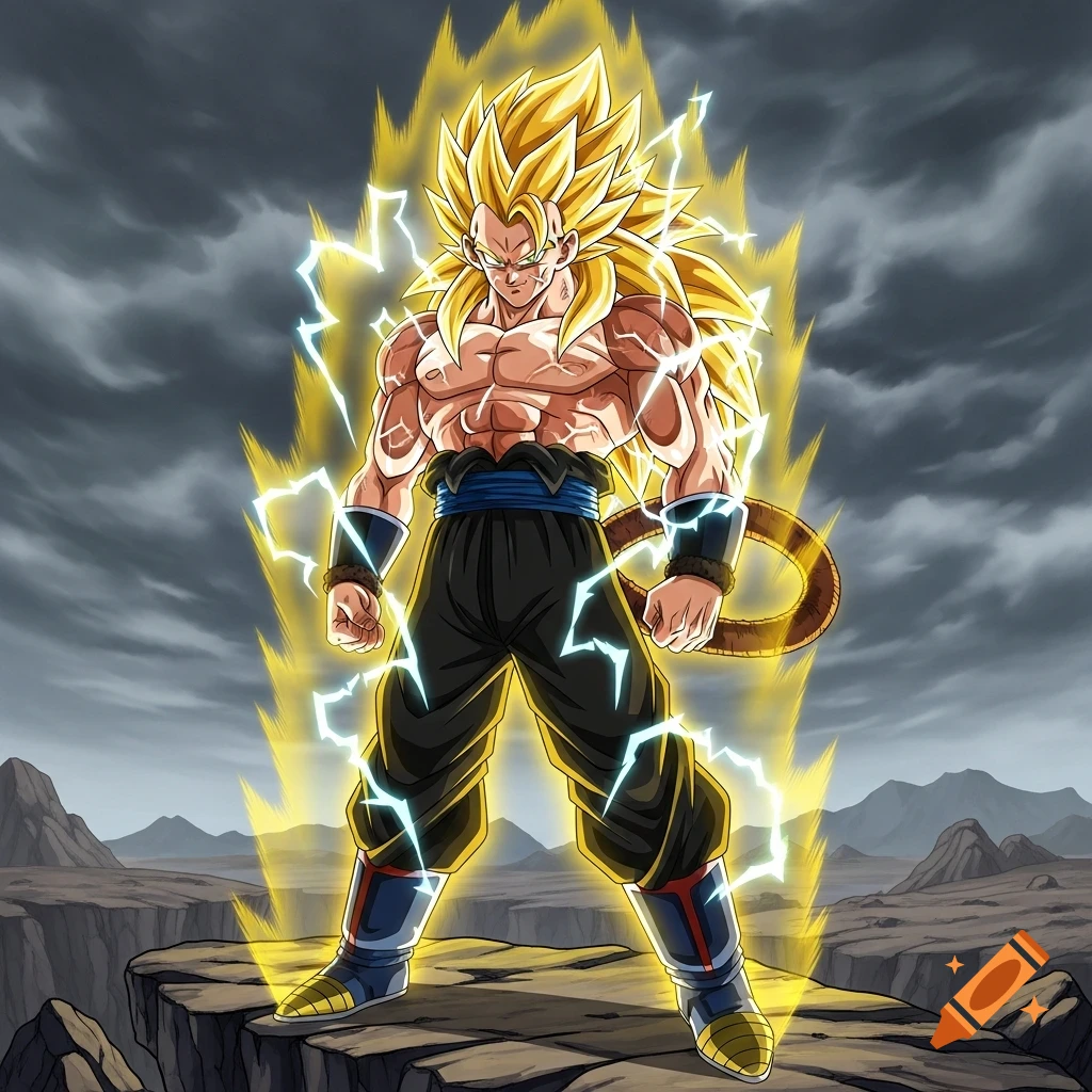A muscular anime character, resembling Super Saiyan 3 Goku, stands on a rocky cliff under a stormy sky, emanating yellow energy and lightning.