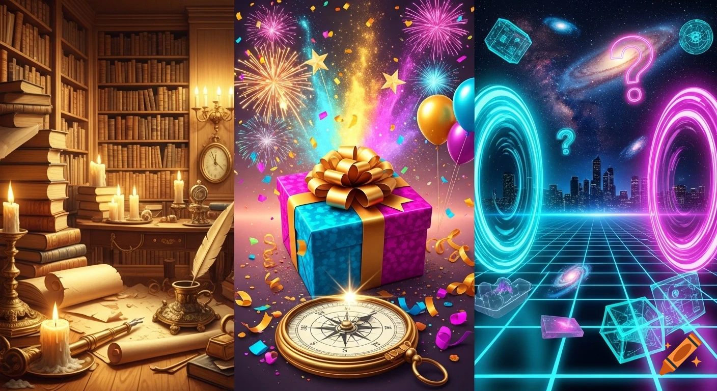 A triptych showing a vintage library on the left, a colorful gift celebration in the middle, and a neon cyberpunk cityscape with portals on the right. A golden compass spans the bottom.