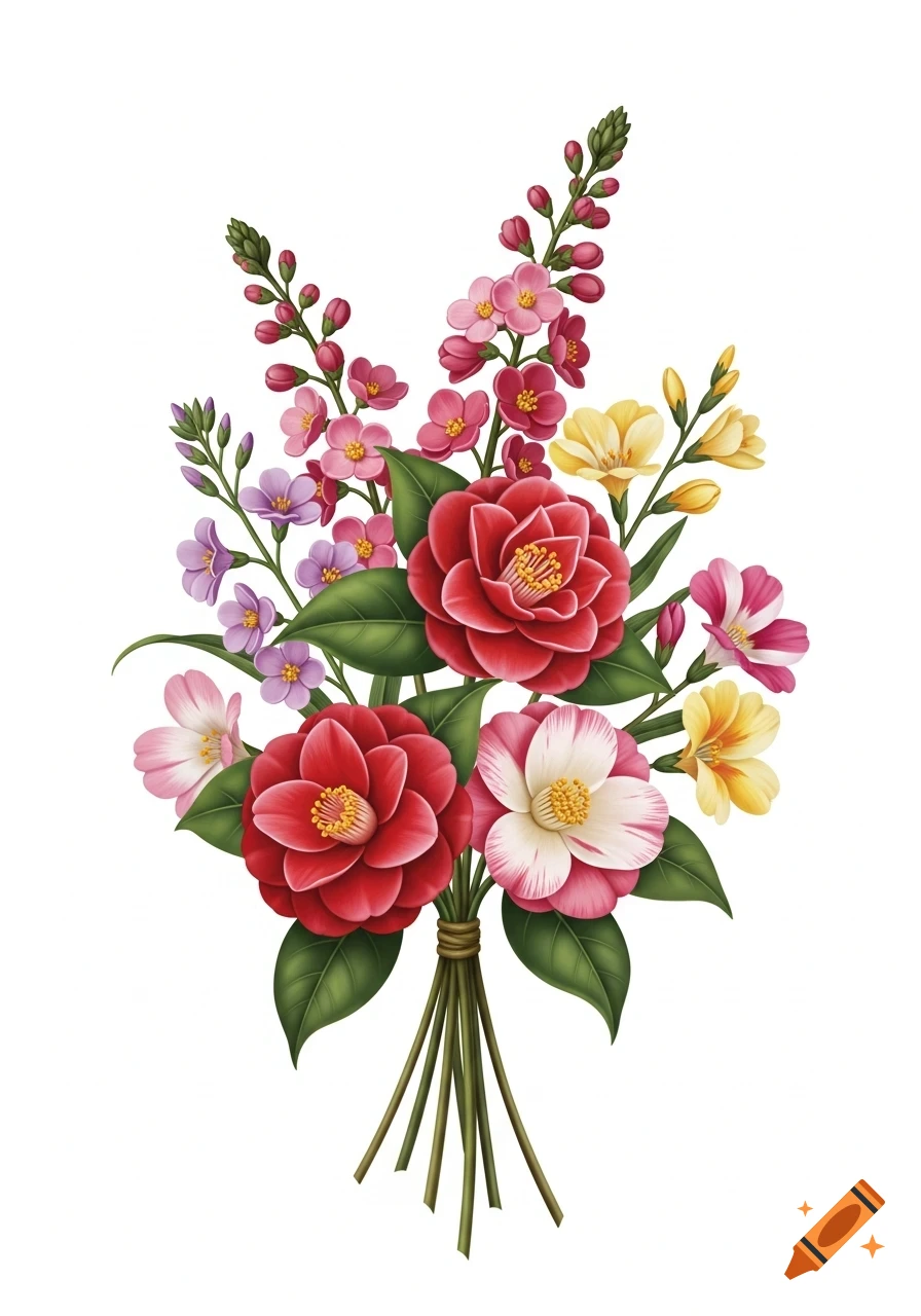 An illustration of a vibrant floral bouquet with red camellias, pink, yellow, and purple flowers tied with string against a white background.