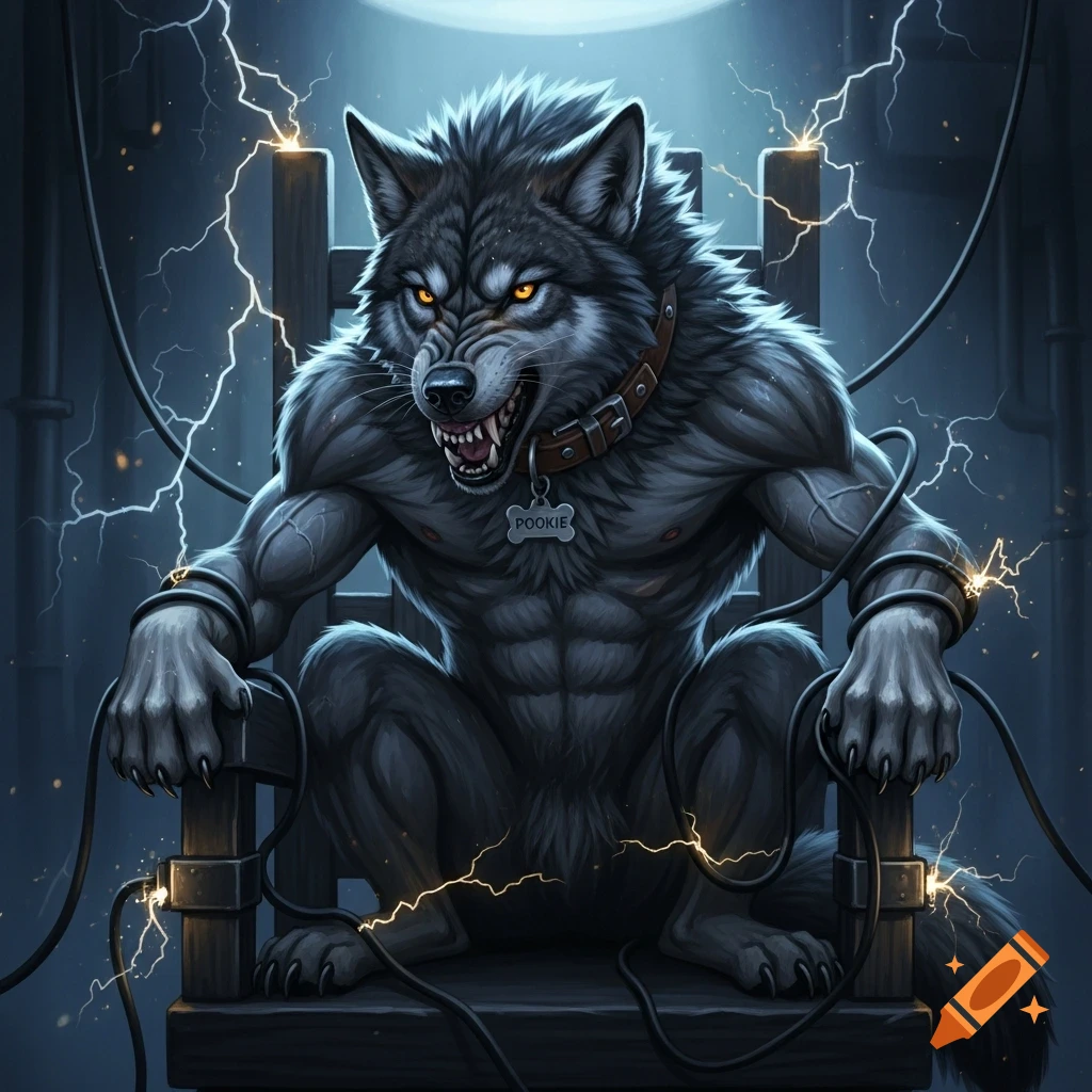 A ferocious werewolf with glowing yellow eyes, wearing a collar tag that reads 'POOKIE', strapped to a wooden electric chair amidst electrical sparks in a dark, stylized setting.