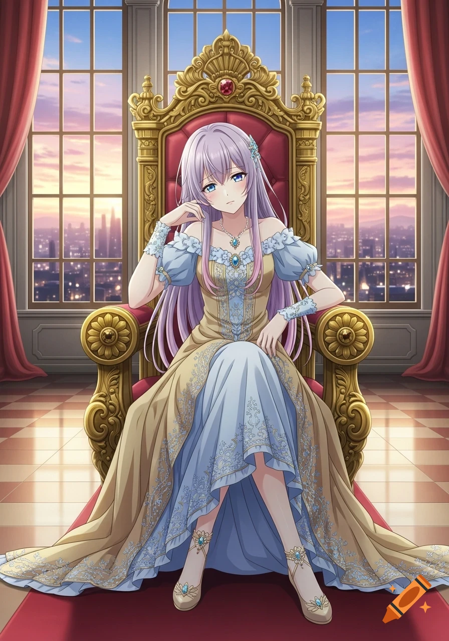 Anime girl with lavender hair and blue eyes sits melancholically on a golden throne in a palace, with a city sunset view.