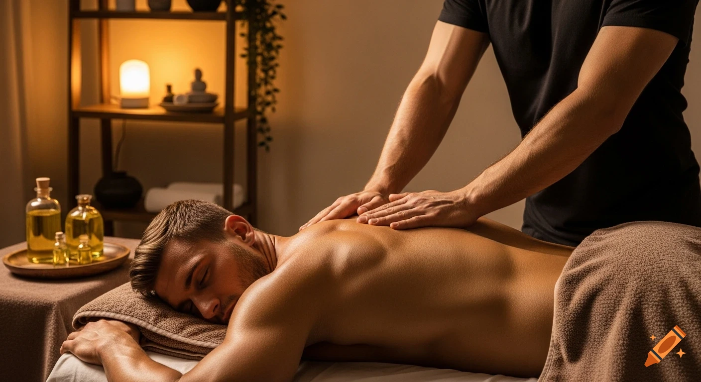 A man lies face down, receiving a back massage from a masseur in a dimly lit spa room with essential oils.
