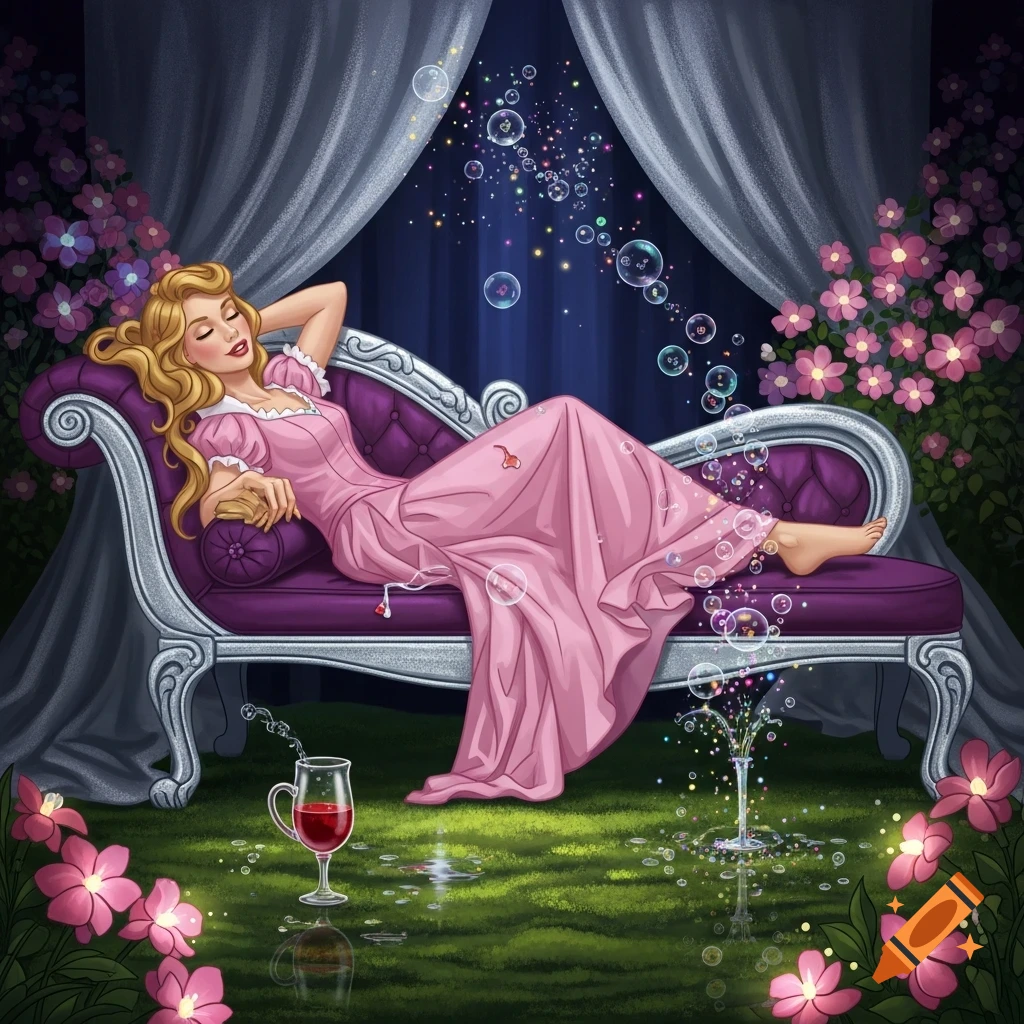 Blonde woman in a pink dress reclines on a purple chaise lounge in a magical garden with wine and bubbles, in an illustration style.