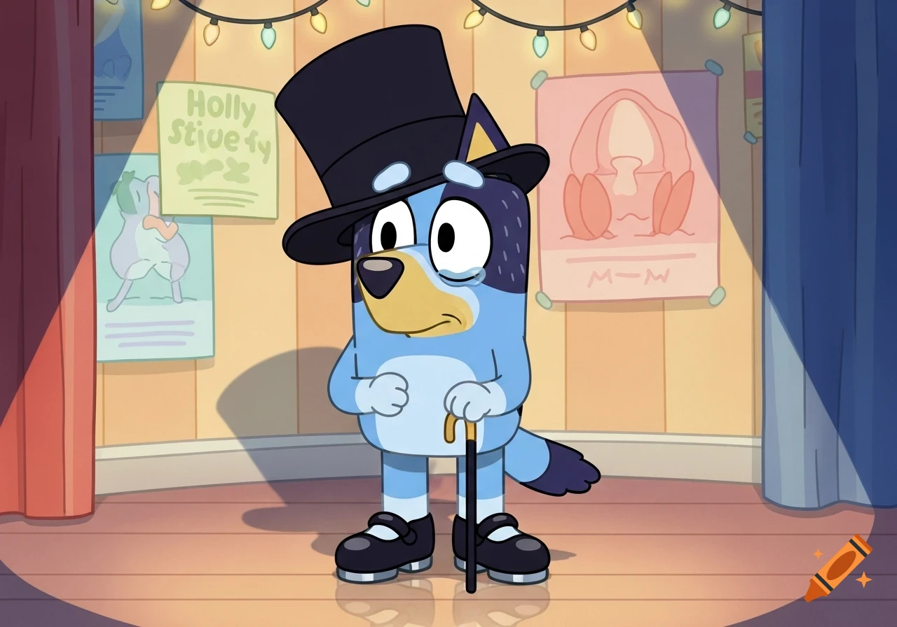 Bluey Heeler, a blue cartoon dog, stands backstage, crying and wearing a black top hat, holding a cane, and black tap shoes.