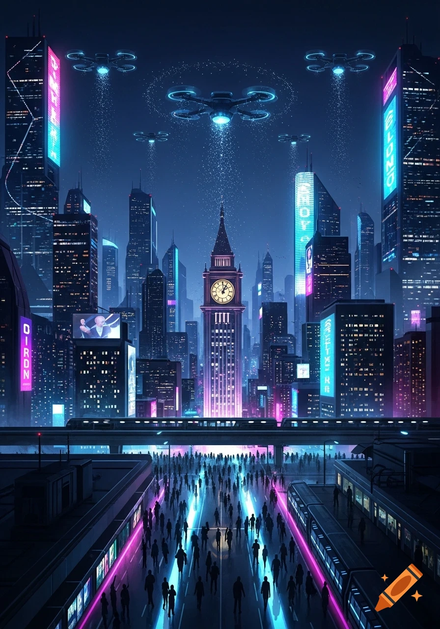 A futuristic cyberpunk city at night with neon-lit skyscrapers, drones flying overhead, and a crowded street lit by blue and pink light.